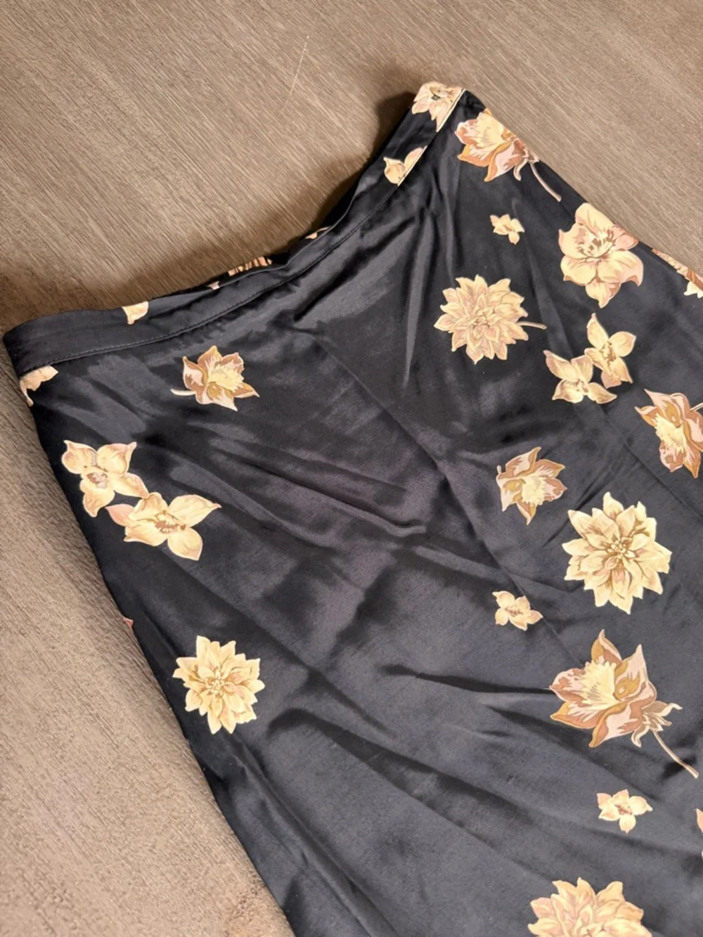 Vintage Black Floral Maxi Skirt L Tan Satin